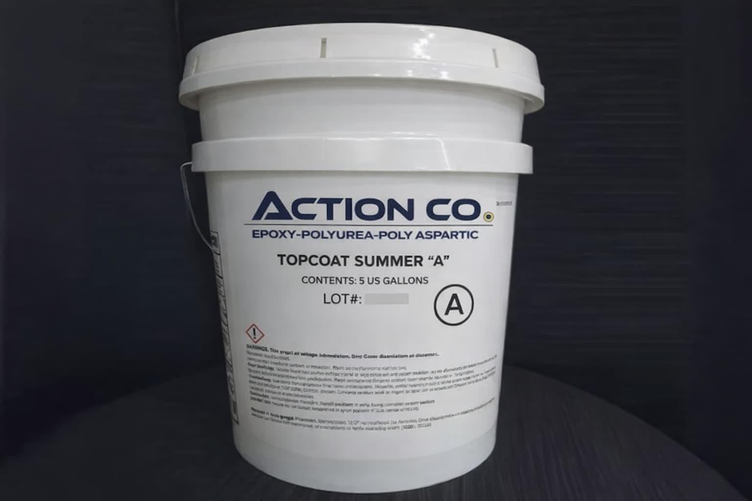 Action Co epoxy-polyurea-polyaspartic topcoat Summer A in a 5-gallon white bucket with product label visible.