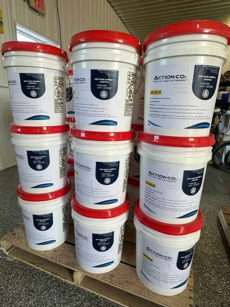 Pallet of Action Co Grey Base Summer A epoxy polyurea polyaspartic coating in 5-gallon pails