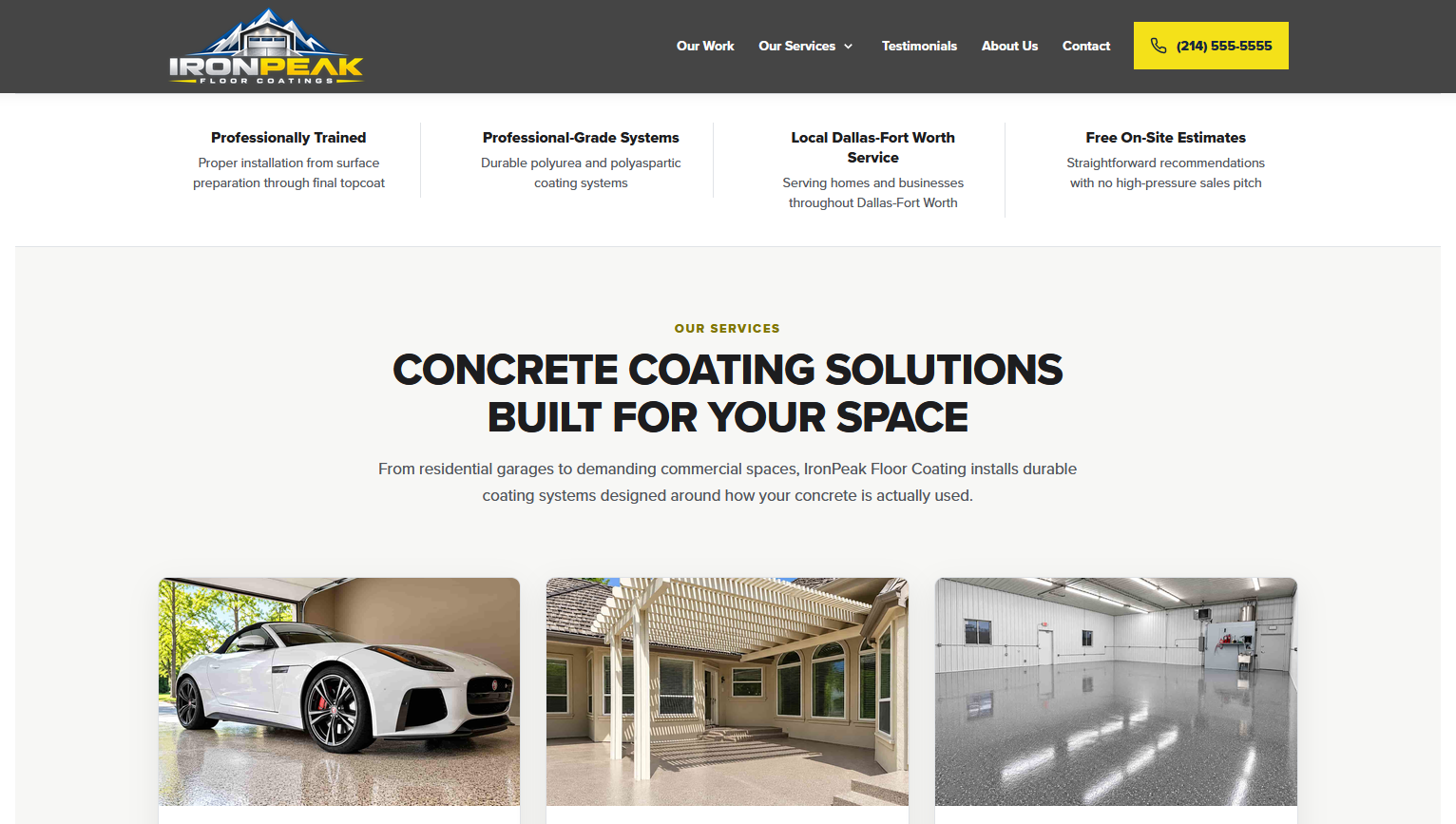 IronPeak demonstration website showing a professional concrete coatings business design